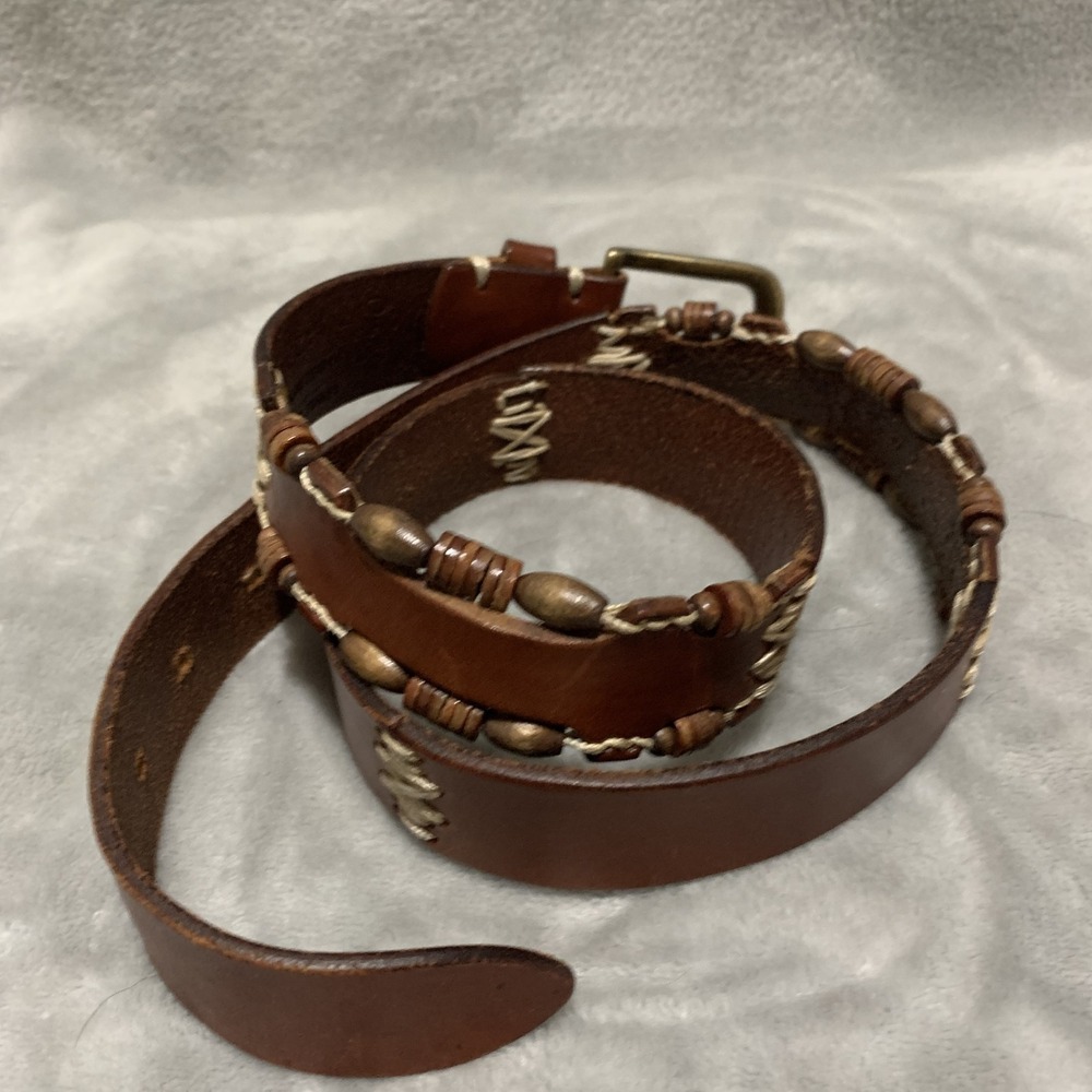 Vintage Omega Genuine Leather‎ Belt Large Brown Beaded & Stitched Made in Turkey